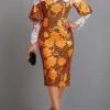 Orange Patchwork Random Floral Print Long Sleeve Dress -Modlily Shop 341919 P 16975369940110