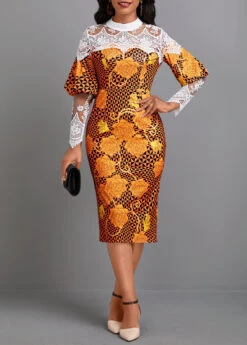 Orange Patchwork Random Floral Print Long Sleeve Dress