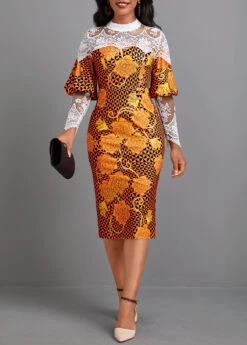 Orange Patchwork Random Floral Print Long Sleeve Dress -Modlily Shop 341919 P 16975369942864