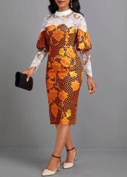Orange Patchwork Random Floral Print Long Sleeve Dress -Modlily Shop 341919 P 16975369943362