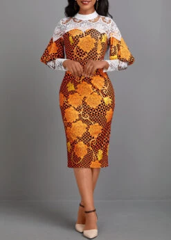 Orange Patchwork Random Floral Print Long Sleeve Dress -Modlily Shop 341919 P 16975369948503