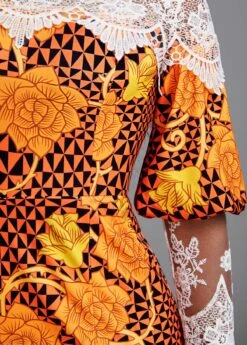 Orange Patchwork Random Floral Print Long Sleeve Dress -Modlily Shop 341919 P 16975369950265