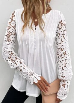 White Tuck Stitch Long Sleeve Split Neck T Shirt -Modlily Shop 341945 P 16952120497274