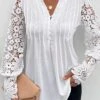 White Tuck Stitch Long Sleeve Split Neck T Shirt