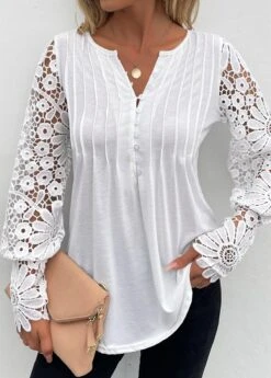 White Tuck Stitch Long Sleeve Split Neck T Shirt