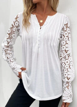 White Tuck Stitch Long Sleeve Split Neck T Shirt -Modlily Shop 341945 P 16952120498160