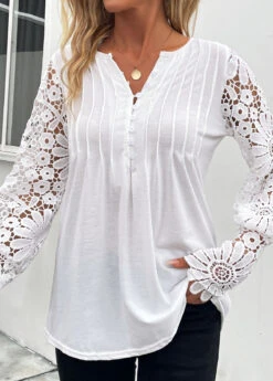 White Tuck Stitch Long Sleeve Split Neck T Shirt -Modlily Shop 341945 P 16952120499593