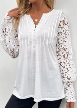 White Tuck Stitch Long Sleeve Split Neck T Shirt -Modlily Shop 341945 P 16952120499802