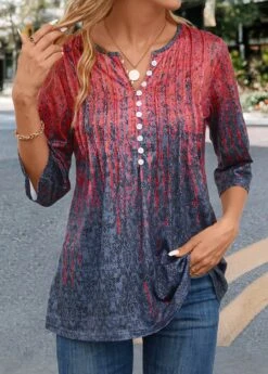 Coral Tuck Stitch Random Floral Print T Shirt -Modlily Shop 341948 P 16983147188533