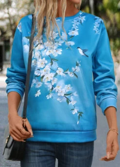 Blue Patchwork Floral Print Long Sleeve Round Neck Sweatshirt