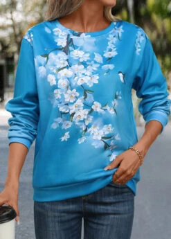 Blue Patchwork Floral Print Long Sleeve Round Neck Sweatshirt -Modlily Shop 341950 P 16952994173535