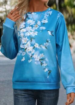 Blue Patchwork Floral Print Long Sleeve Round Neck Sweatshirt -Modlily Shop 341950 P 16952994175003
