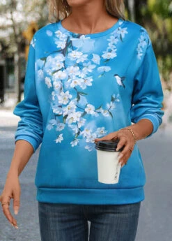 Blue Patchwork Floral Print Long Sleeve Round Neck Sweatshirt -Modlily Shop 341950 P 16952994177822