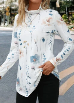 White Asymmetry Floral Print Long Sleeve T Shirt -Modlily Shop 341964 P 16952997462302
