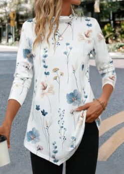 White Asymmetry Floral Print Long Sleeve T Shirt -Modlily Shop 341964 P 16952997464915