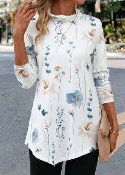 White Asymmetry Floral Print Long Sleeve T Shirt -Modlily Shop 341964 P 16952997468833