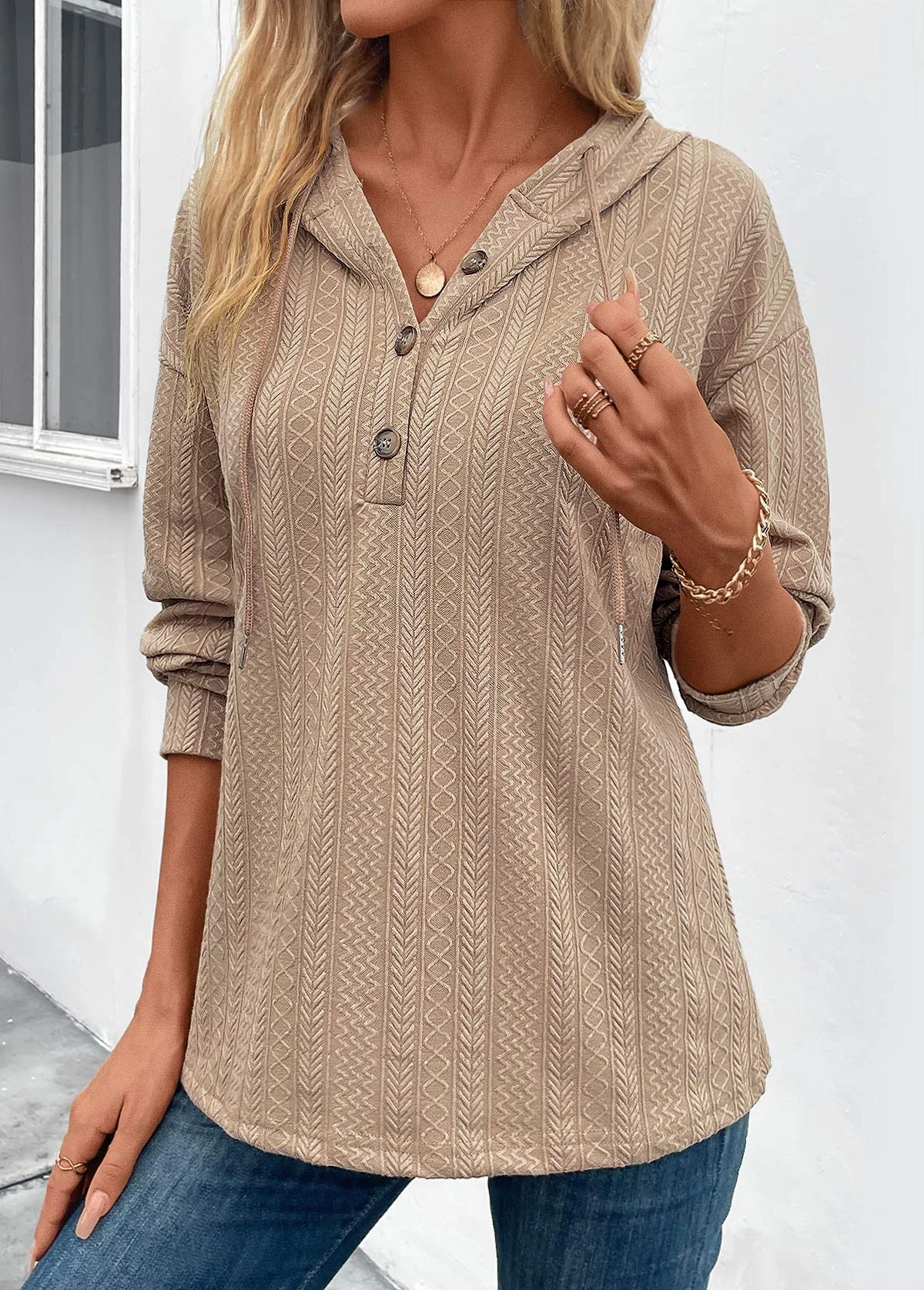 Light Camel Button Long Sleeve Halter Hoodie 3 Light Camel Button Long Sleeve Halter Hoodie