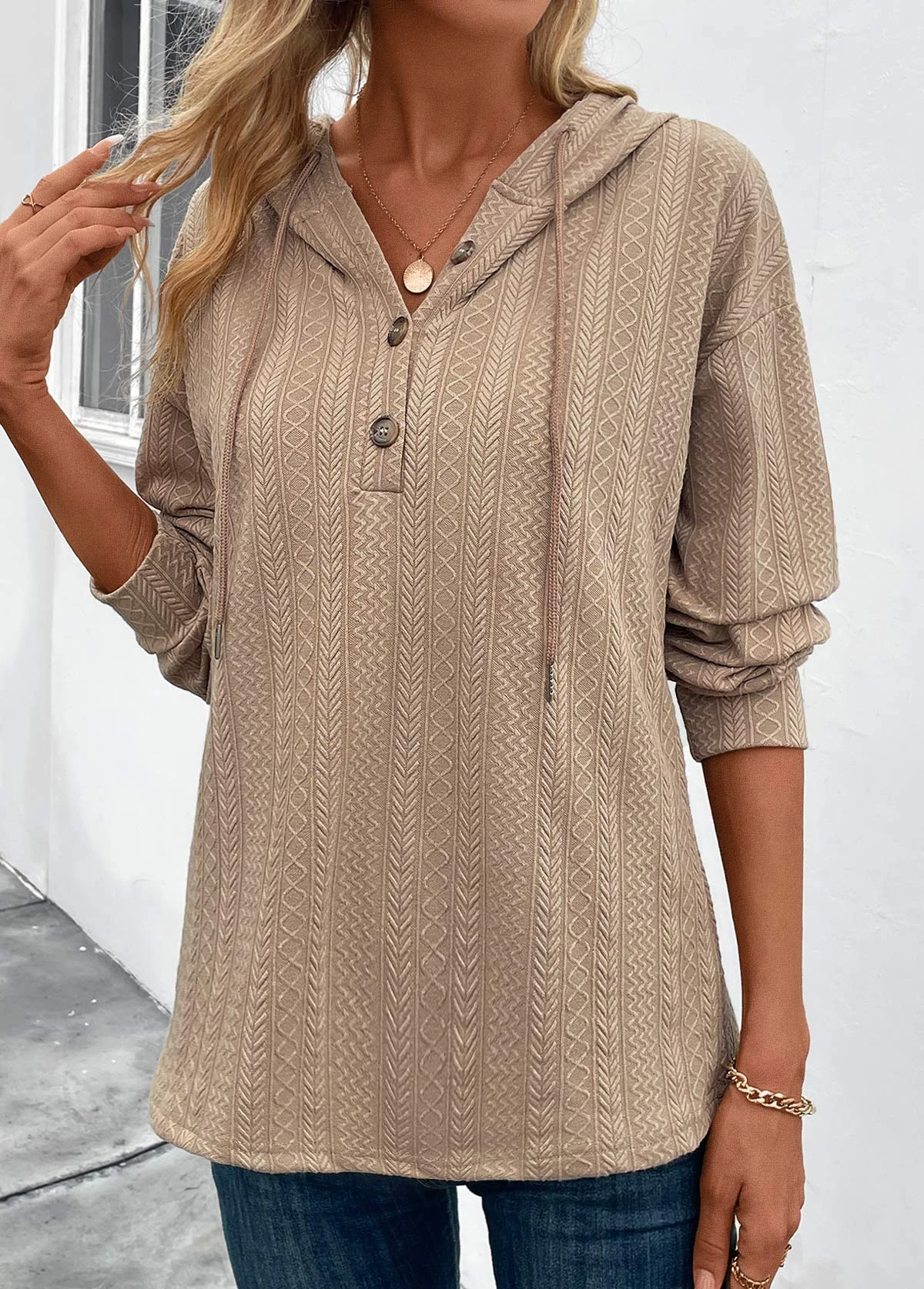 Light Camel Button Long Sleeve Halter Hoodie 7 Light Camel Button Long Sleeve Halter Hoodie - Image 5