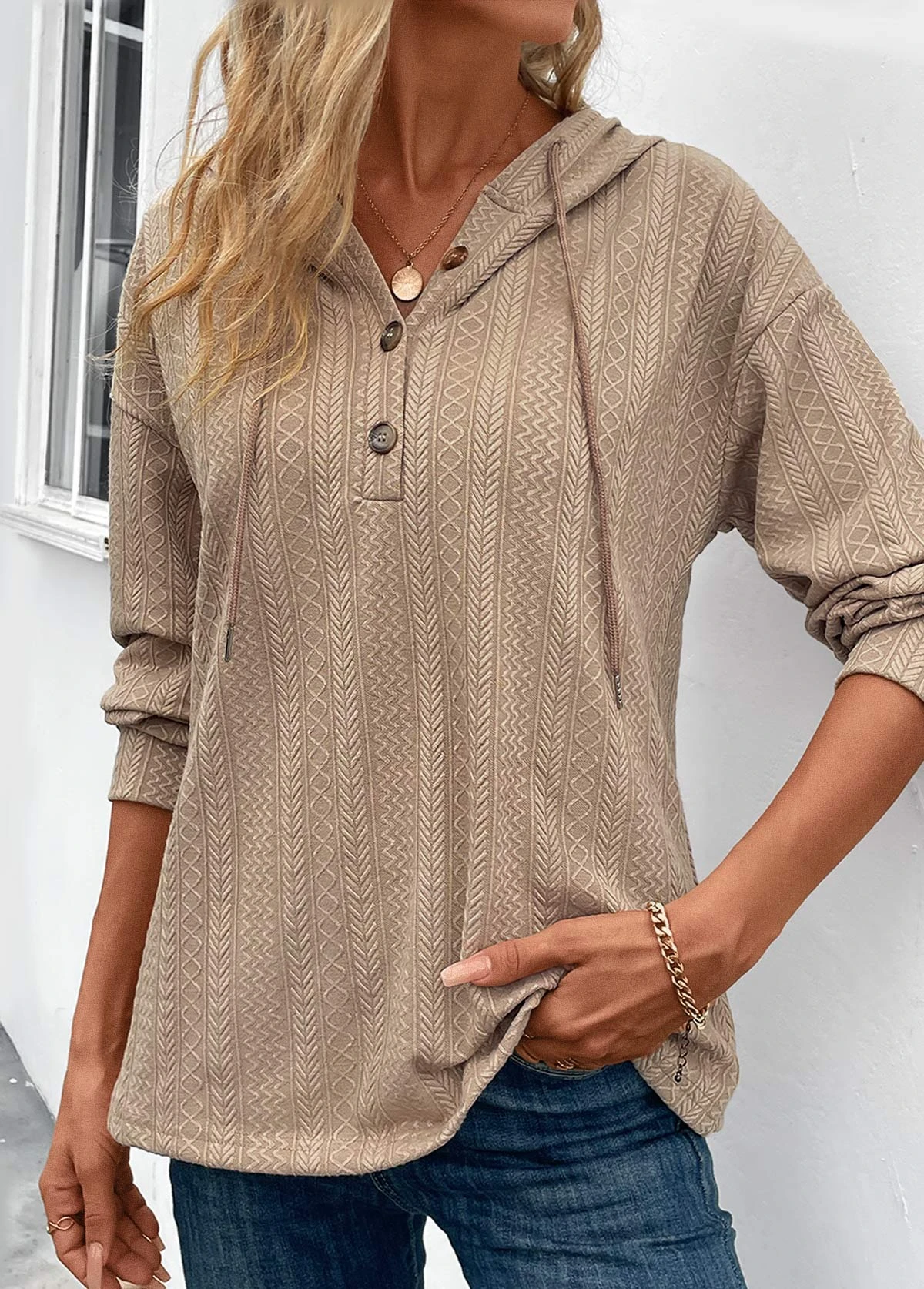 Light Camel Button Long Sleeve Halter Hoodie 5 Light Camel Button Long Sleeve Halter Hoodie - Image 3