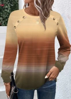 Yellow Button Ombre Long Sleeve Round Neck T Shirt -Modlily Shop 341975 P 1693878090422