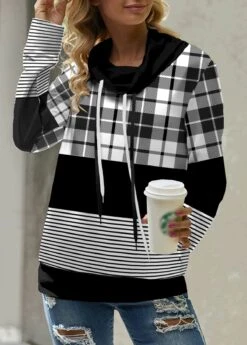 Black Drawstring Plaid Long Sleeve Cowl Neck Sweatshirt -Modlily Shop 341976 P 1693893017023