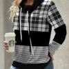 Black Drawstring Plaid Long Sleeve Cowl Neck Sweatshirt -Modlily Shop 341976 P 1693893017447