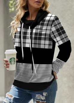 Black Drawstring Plaid Long Sleeve Cowl Neck Sweatshirt