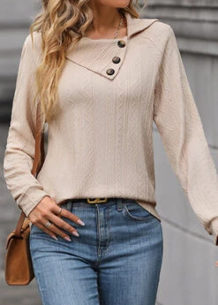 Beige Button Long Sleeve Asymmetrical Neck Sweatshirt -Modlily Shop 342117 P 1694053199205