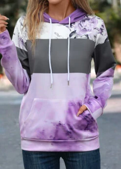 Purple Pocket Floral Print Long Sleeve Hoodie