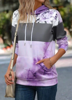 Purple Pocket Floral Print Long Sleeve Hoodie -Modlily Shop 342190 P 16952992047913