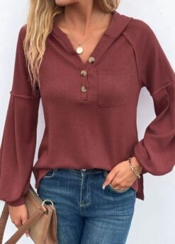 Deep Red Button Long Sleeve Hoodie 9 Deep Red Button Long Sleeve Hoodie -Modlily Shop 342196 P 16952993732033