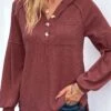 Deep Red Button Long Sleeve Hoodie -Modlily Shop 342196 P 16952993734810