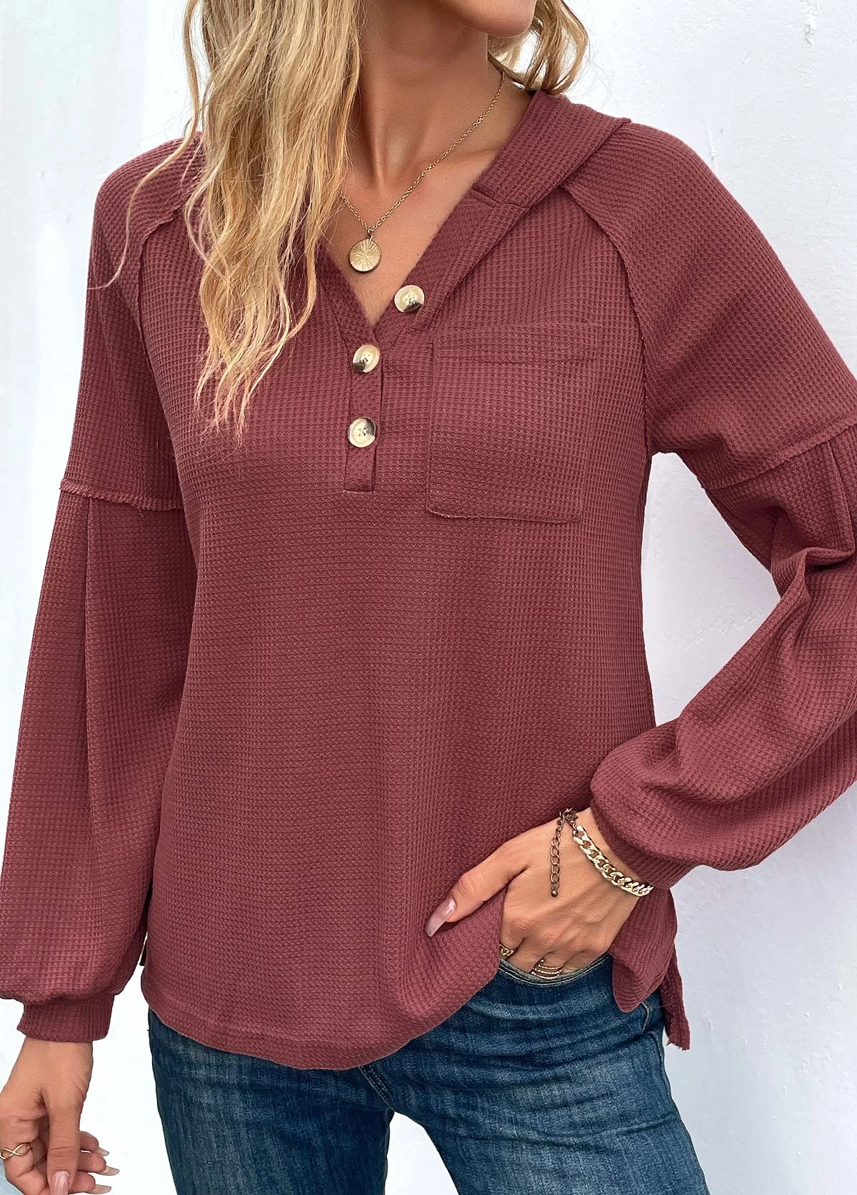 Deep Red Button Long Sleeve Hoodie 3 Deep Red Button Long Sleeve Hoodie