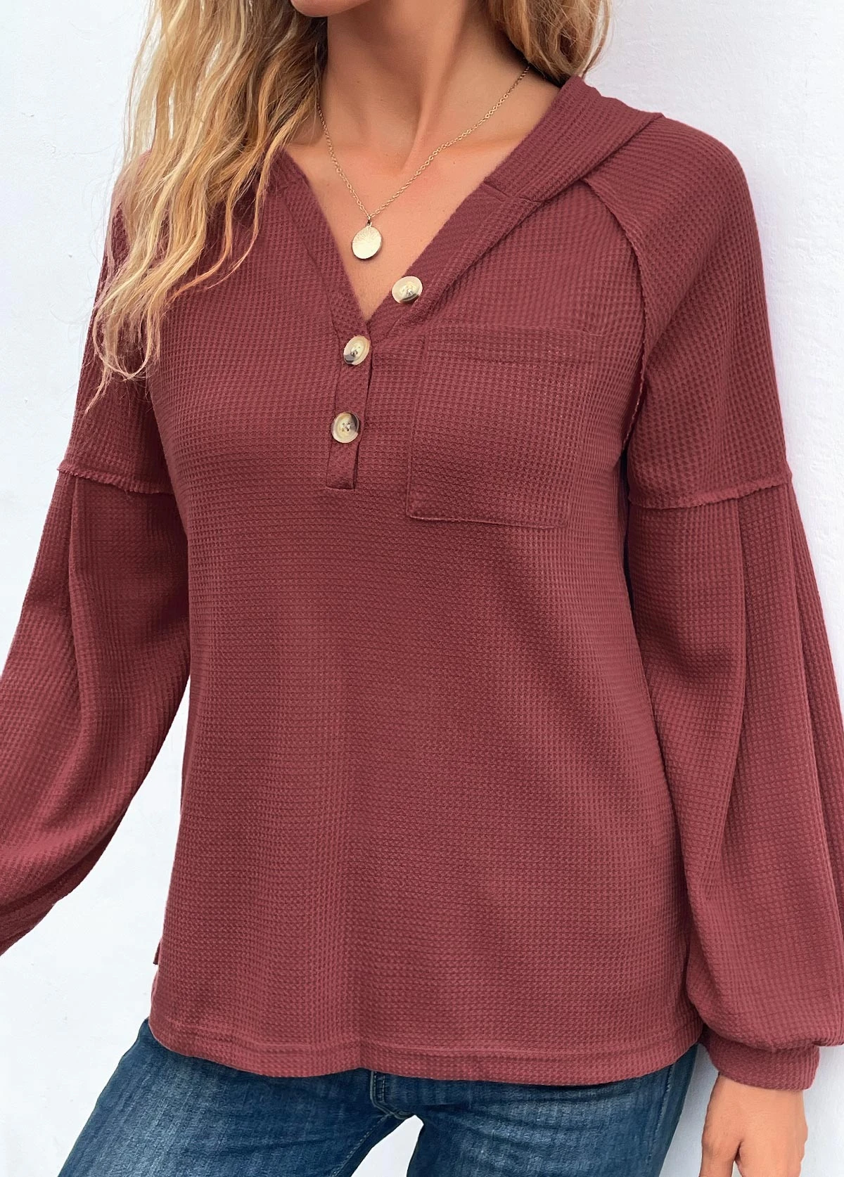 Deep Red Button Long Sleeve Hoodie 5 Deep Red Button Long Sleeve Hoodie - Image 3