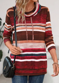 Wine Red Pocket Striped Long Sleeve Cowl Neck Sweatshirt -Modlily Shop 342200 P 16958805441322