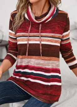 Wine Red Pocket Striped Long Sleeve Cowl Neck Sweatshirt -Modlily Shop 342200 P 16958805441694
