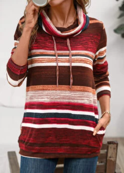 Wine Red Pocket Striped Long Sleeve Cowl Neck Sweatshirt -Modlily Shop 342200 P 16958805445973