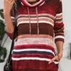 Wine Red Pocket Striped Long Sleeve Cowl Neck Sweatshirt