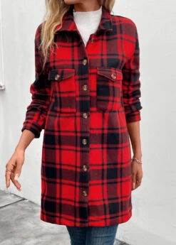 Red Pocket Plaid Long Sleeve Turn Down Collar Coat -Modlily Shop 342207 P 16953800511533