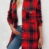 Red Pocket Plaid Long Sleeve Turn Down Collar Coat -Modlily Shop 342207 P 16953800512755