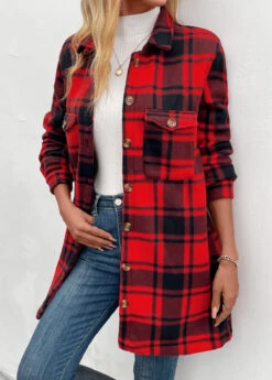 Red Pocket Plaid Long Sleeve Turn Down Collar Coat