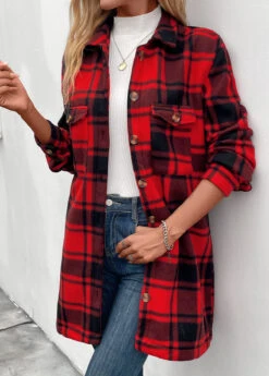 Red Pocket Plaid Long Sleeve Turn Down Collar Coat -Modlily Shop 342207 P 16953800517802