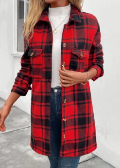 Red Pocket Plaid Long Sleeve Turn Down Collar Coat -Modlily Shop 342207 P 16953800518010