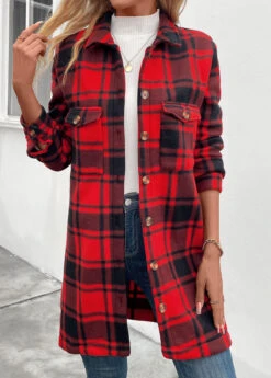 Red Pocket Plaid Long Sleeve Turn Down Collar Coat -Modlily Shop 342207 P 16953800519784