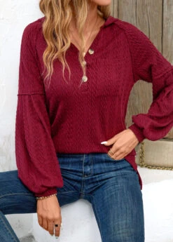 Button Wine Red Pocket Long Sleeve Hoodie -Modlily Shop 342219 P 16981476370014