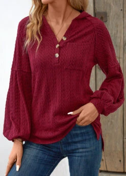 Button Wine Red Pocket Long Sleeve Hoodie -Modlily Shop 342219 P 16981476370922