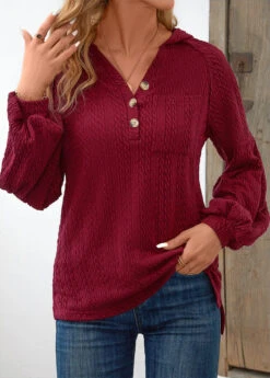 Button Wine Red Pocket Long Sleeve Hoodie -Modlily Shop 342219 P 16981476372880