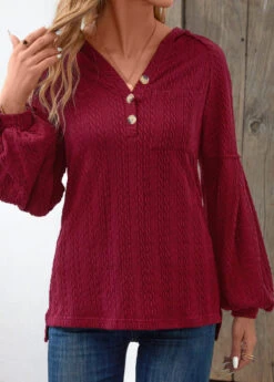 Button Wine Red Pocket Long Sleeve Hoodie