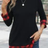 Red Patchwork Plaid Long Sleeve Round Neck T Shirt -Modlily Shop 342237 P 16958640647140