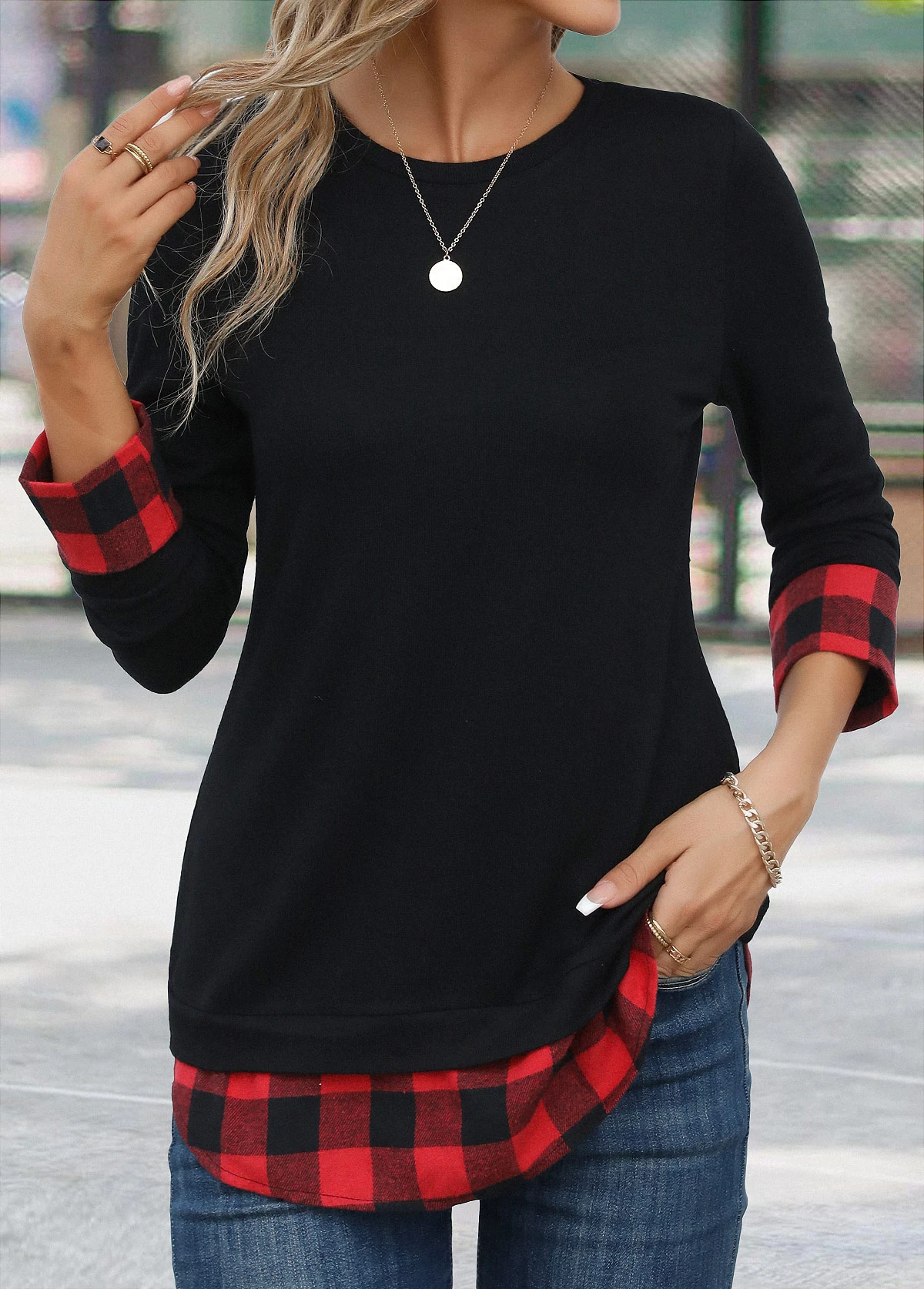 Red Patchwork Plaid Long Sleeve Round Neck T Shirt 3 Red Patchwork Plaid Long Sleeve Round Neck T Shirt